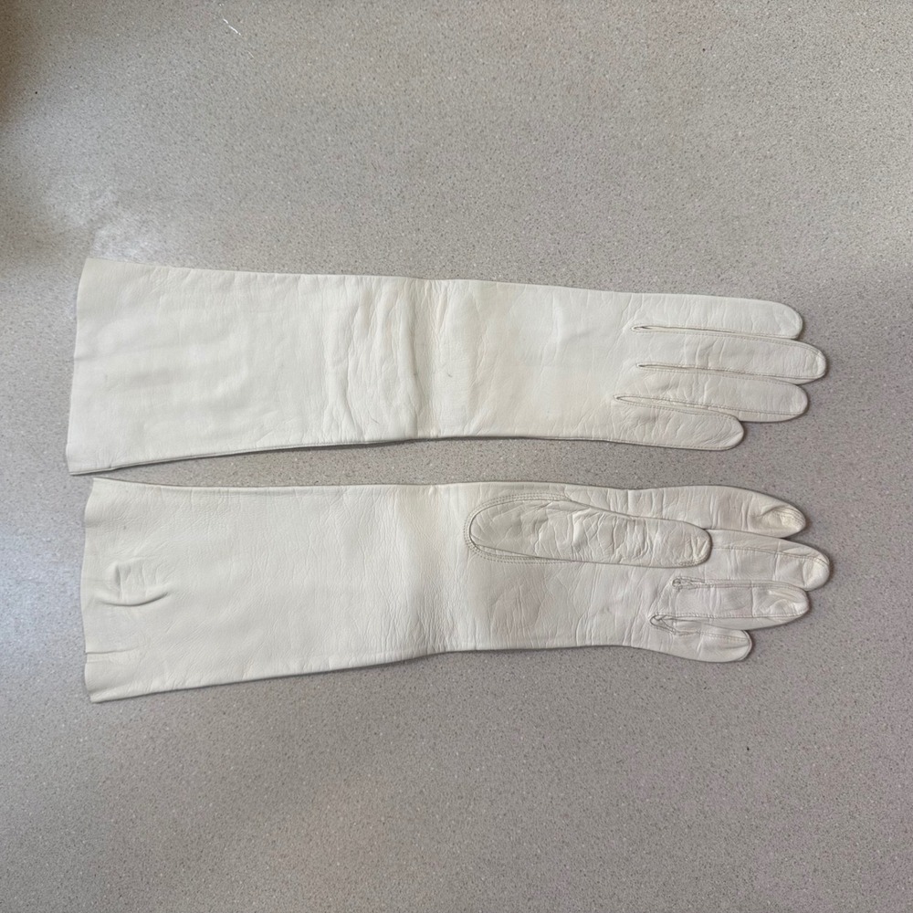 Vintage Thalhimers White Real Kid Leather Opera Length Gloves West Germany 6.5